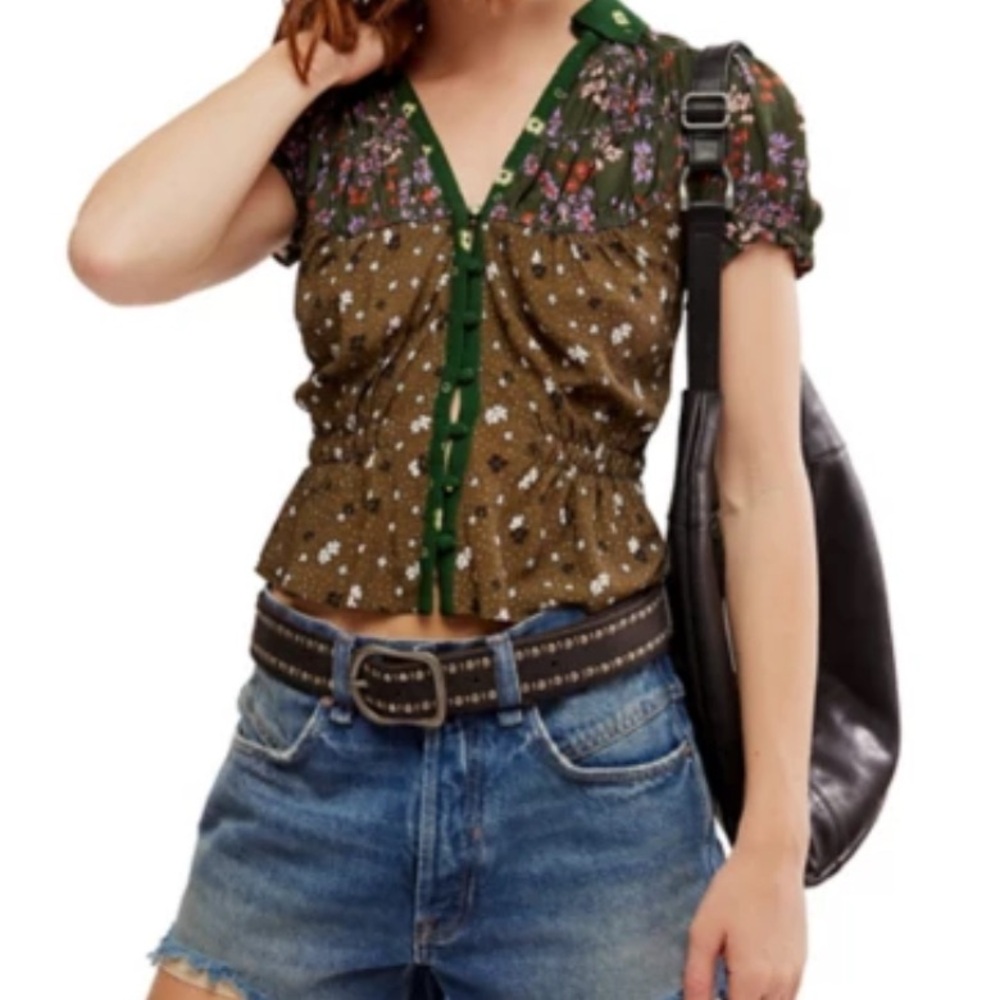 FREE PEOPLE- pine green Bella Button Up Shirt dark green floral short sleeve NEW